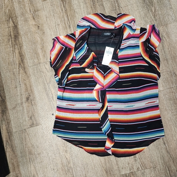 NWT Lauren Ralph Lauren Plus Size M Stripe Print Short Flutter Blouse Top - Picture 5 of 13